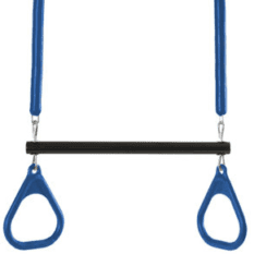 A blue and black TRAPEZE BAR W/ RINGS with two handles.