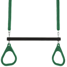 A green TRAPEZE BAR W/ RINGS with black handles on a white background.