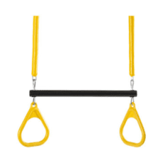 A yellow TRAPEZE BAR W/ RINGS with black handles on a white background.