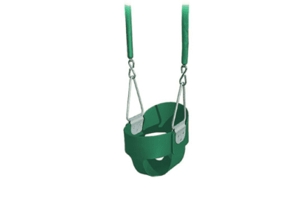 A green RUBBER INFANT SWING with a metal hook attached to it.