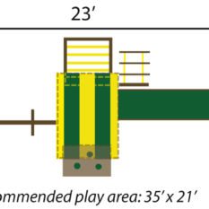 A diagram showing the dimensions of a Dreamscape Outdoor Swing Set play area.