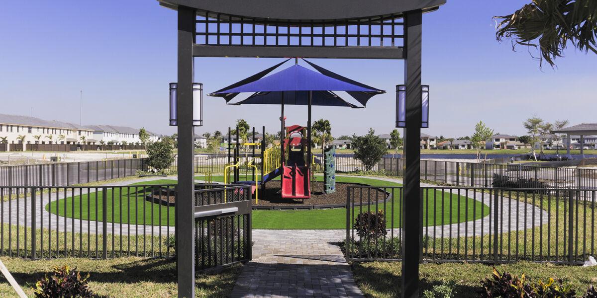 A playground with a swing set.