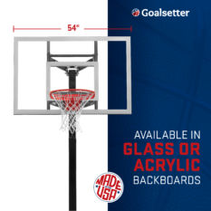 A CONTENDER basketball hoop with a glass or acrylic backboard.
