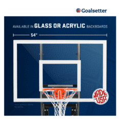 A GS54 WALL-MOUNTED basketball hoop with a glass or acrylic backboard.