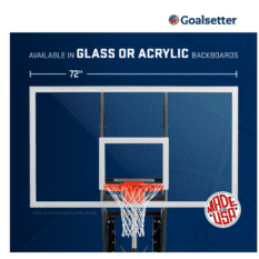 A GS72 WALL-MOUNTED basketball hoop with the words 'glass or acrylic'.