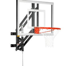 A GS48 WALL-MOUNTED basketball hoop on a black background.