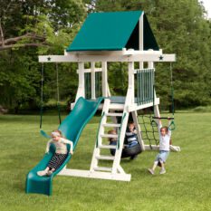 White swing set with turquoise slide, trap bar, and tire swing