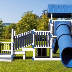 White and blue playhouse with steps and tube slide