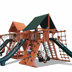 A wooden playground structure with slides and climbing features.