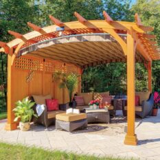 12' x 15' Hearthside Pergola | Classic Wood, Golden Oak Finish, Privacy Wall, Lattice Roof, EZ Shade Canopy